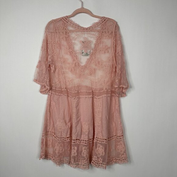 2/$30 NWT EoMENIE Cut-out Crochet Lace Tunic Boho Coverup Blush Pink #A0238 TRB2 - Picture 4 of 7